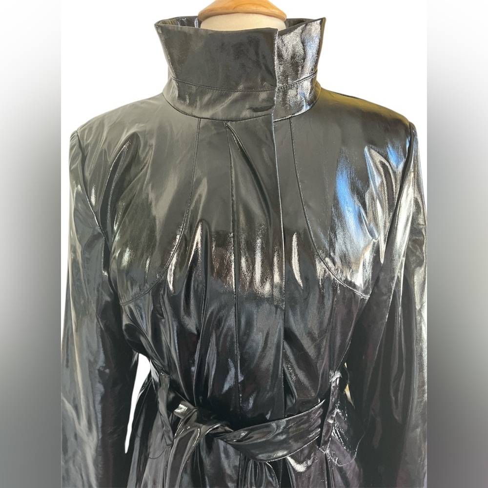 Calvin Klein Black High Shine Patent Faux Leather Trench Coat w/pockets Size M - Picture 7 of 17